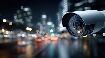 Security Camera Overlooking City Street at Night with Bokeh Lights