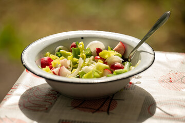 A close-up of a fresh vegetable salad served in a vintage white enamel bowl with a black rim. The...