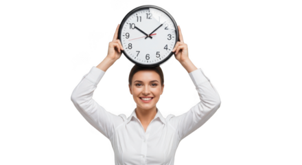 Woman holding a clock above her head smiling business concept time management and punctuality