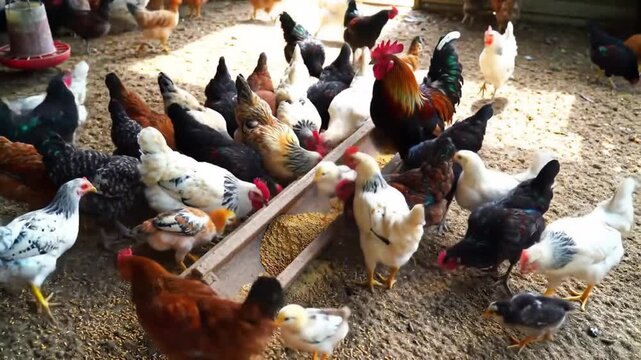 A flock of free-range chickens, roosters, and chicks of various breeds feeding from a long wooden trough on a farm.
