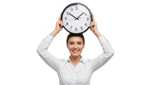Woman holding a clock above her head smiling business concept time management and punctuality