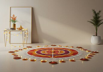 Vibrant Diwali celebration with a colorful rangoli, glowing diyas, and festive string lights creating a warm, inviting atmosphere for spiritual events