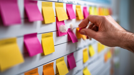 Close-up of a hand organizing time blocks on a whiteboard
