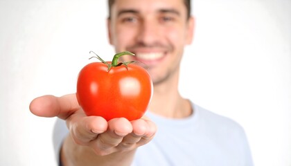 Offering a Red Tomato Fresh Produce and Showing a Smile