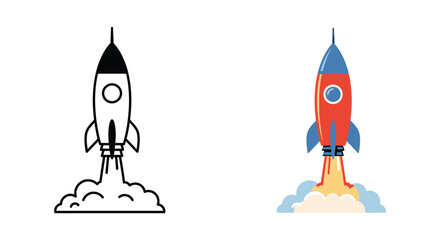 Two rocket ship icons depicting space travel and launch sequences