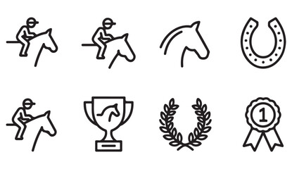 Vector icons pack featuring horses, riders, trophies, ribbons, and laurels for horse racing and championship themes