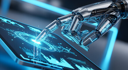 Robotic hand interacting with a digital interface displaying complex data and futuristic technology in a sleek modern design concept