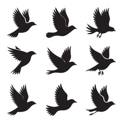 Collection of Black Bird Silhouettes in Flight