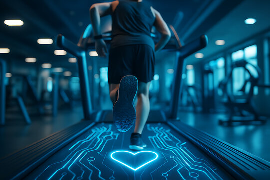 Futuristic fitness concept with runner on treadmill and glowing digital heart health display - Powered by Adobe