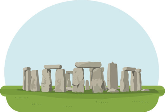 Whimsical stonehenge cartoon art simple stones green grass blue sky background landmark flat design vector illustration white background