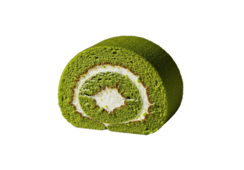 Decadent emerald green matcha roll cake, perfectly cut in half, revealing fluffy green sponge and creamy white filling, isolated on a clean transparent background, appetizing food photography concept