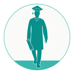 Male graduate silhouette walking confidently with cap and gown, carrying diploma.