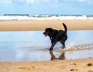 Black lab running through shallow water on a beach