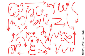 Collection of hand drawn red arrows pointing in various directions