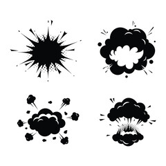 Collection of four black and white cartoon explosion and smoke graphics with dynamic effects flat design vector illustration white background