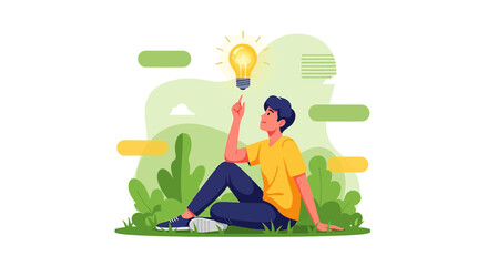 Illustration of a young man having a brilliant idea while sitting in nature surroundings