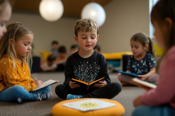 Children sitting on a classroom floor while one boy reads intently and classmates engage in learning activities, highlighting focus, early literacy and classroom collaboration