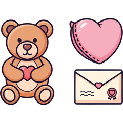 Cute Teddy Bear Holding a Heart with Valentine's Day Symbols Including a Pillow and Envelope