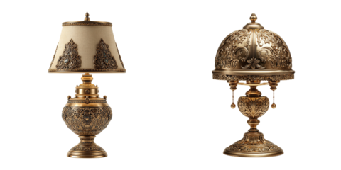 Set of Ornate brass table lamp isolated on a transparent background