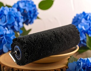 Black paint roller on a wooden stump with blue hydrangeas