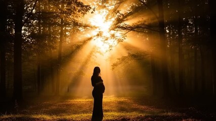 Silhouette of a pregnant woman standing in a sunlit forest, surrounded by trees and golden rays of sunlight - Powered by Adobe