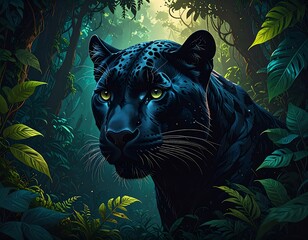 Black panther in a lush jungle