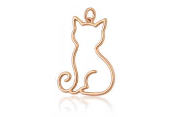 Elegant golden wire cat outline charm isolated on a clear transparent background