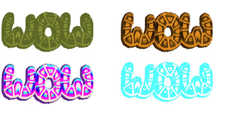 Colorful 'WOW' text design in playful patterns and styles  