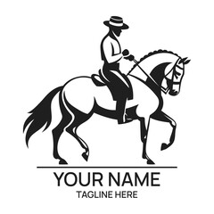 Elegant black and white illustration of a rider on a horse in dressage pose