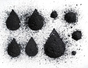 Black powder drops scattered on white background