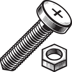 Black, abstract close-up pattern of metal bolts and nuts with a spiral spring on industrial steel equipment for the construction business