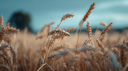 Obraz premium Wheat field close-up with blue sky and distant blurred building