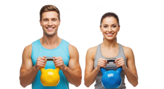 Fit couple exercising with kettlebells motivational fitness and health lifestyle image