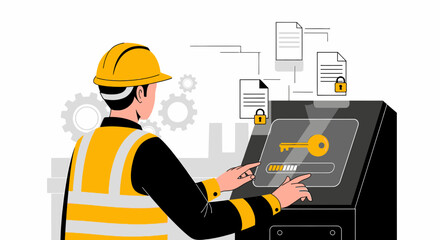 Secure data access by construction worker with interactive touchscreen interface panel