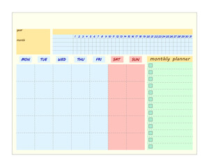 Undated monthly planner - starts on Monday. Blank planner for monthly and daily planning. Calendar template, organizer, to-do list, diary. EPS10 Vector illustration