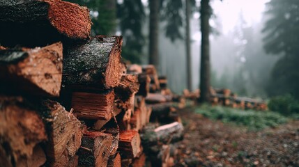   A forest filled with tree trunks sits atop a foggy woodpile