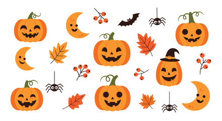 Fototapeta premium Happy halloween cute pumpkins and moons with autumn leaves and bats.