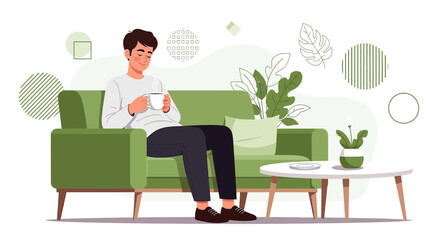 Vector illustration of a man relaxing on a sofa with coffee in a peaceful home environment