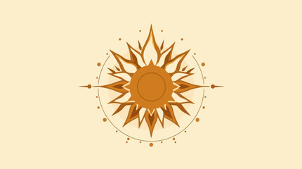 Stylized sun illustration with radiating elements, geometric shapes, and a warm color palette against a light background.