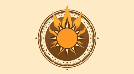 A stylized illustration of a sun emblem, radiating light and energy, within a circular design.