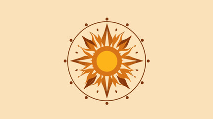 Illustration of an abstract sun-like design with radiating shapes and a circular border on a beige background.