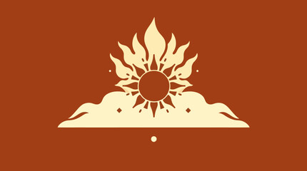 Stylized sun with flames rising above clouds, depicted in a minimalist, graphic design against a brown background.