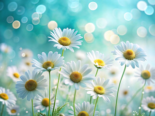 Obraz premium Field of white daisies with yellow centers, illuminated by soft sunlight and bokeh effect