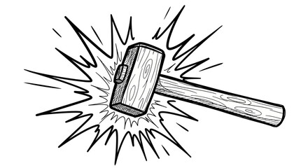 A wooden mallet hammer striking with force, depicted with radiating impact lines.