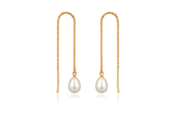 Elegant golden threader earrings with white pearls isolated on transparent background