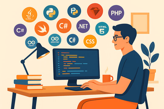 Young developer coding at desktop surrounded by programming language technology icons