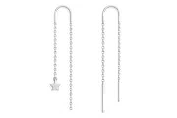 Shiny silver threader earrings with a star charm, isolated on transparent background