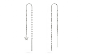 Pair of elegant silver chain threader earrings with star charm, isolated on transparent background
