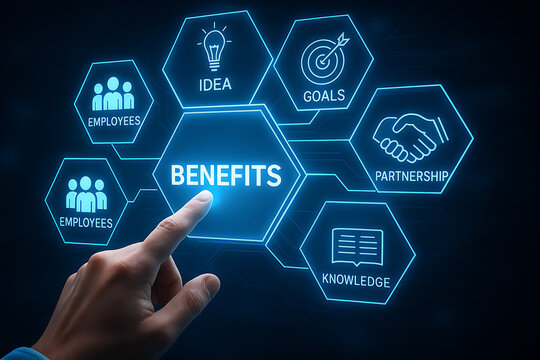 Business technology dashboard showing organizational benefits and growth strategy concepts
