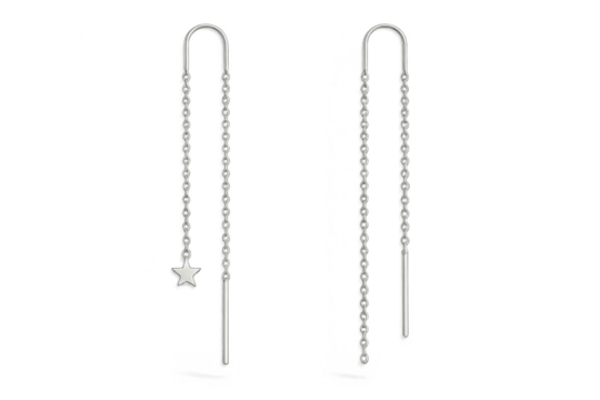 Pair of elegant silver chain threader earrings with star charm, isolated on transparent background